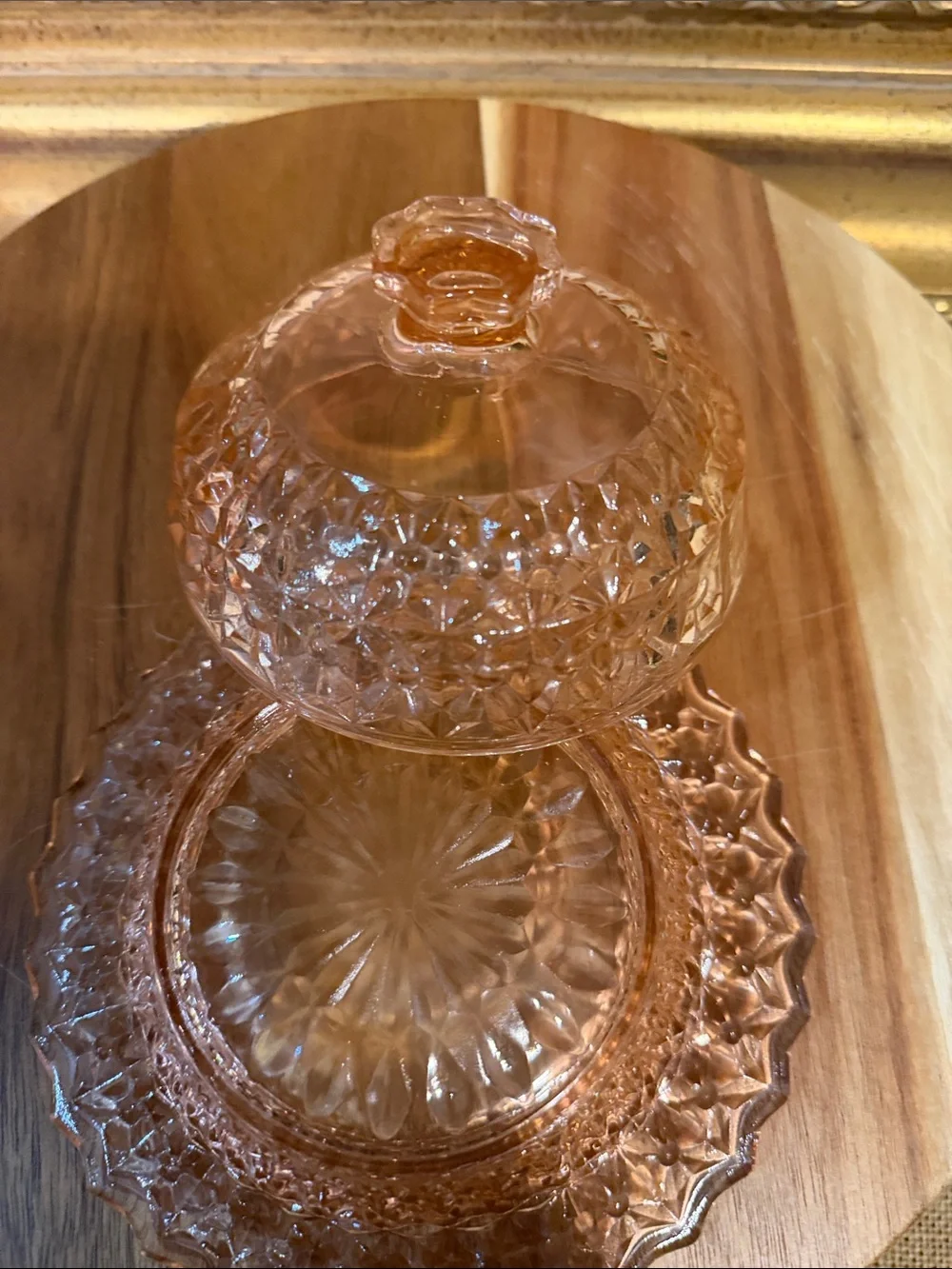 Vintage Pressed Glass Covered Butter Dish in Jeanette Pink